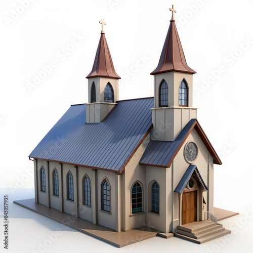 3D Render of a Lutheran church, on isolated white background, Generative AI