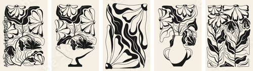 Set of 5 abstract black and white floral posters.Floral botanical vector illustration. Modern poster and background in trendy naive retro hippie 60's 70's retro style. 
