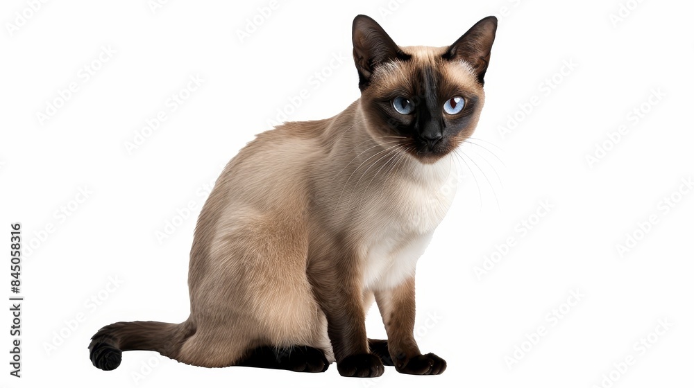 Sitting Siamese Cat with Blue Eyes - A Siamese cat with blue eyes sits and looks to the side on a white background. Sitting Siamese Cat with Blue Eyes - A Siamese cat with blue eyes sits and looks to the side on a white background.