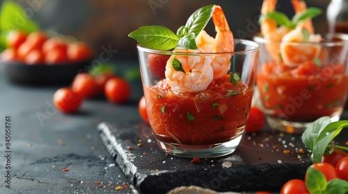 Shrimp and tomato sauce in glasses on a table