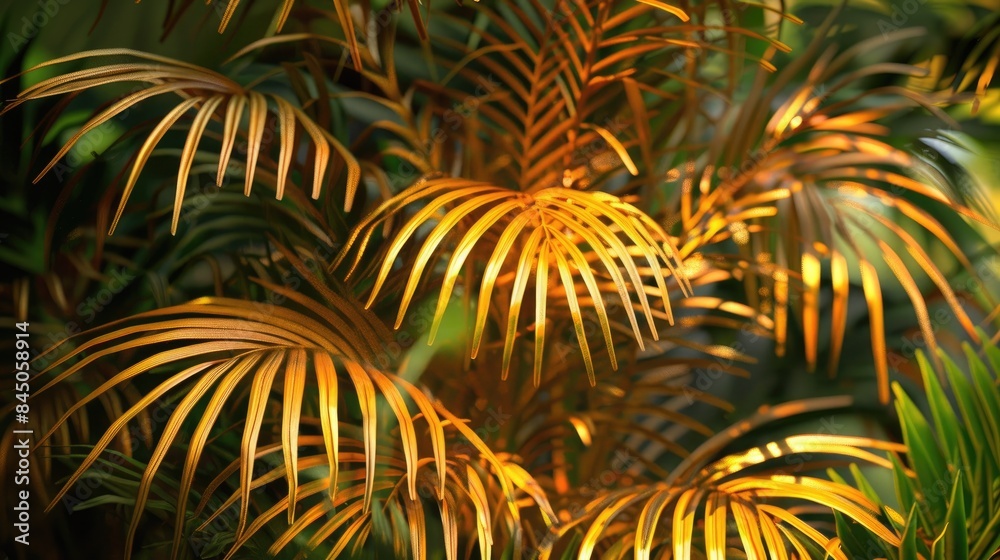 Obraz premium Saplings of palm trees with golden leaves in tropical Asia
