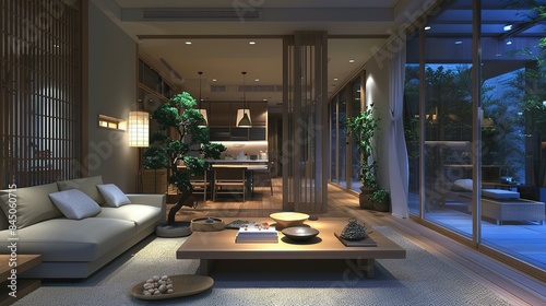 Calming Essence of a Japanese Zen-Style Living Room Under the Soft Glow of Evening