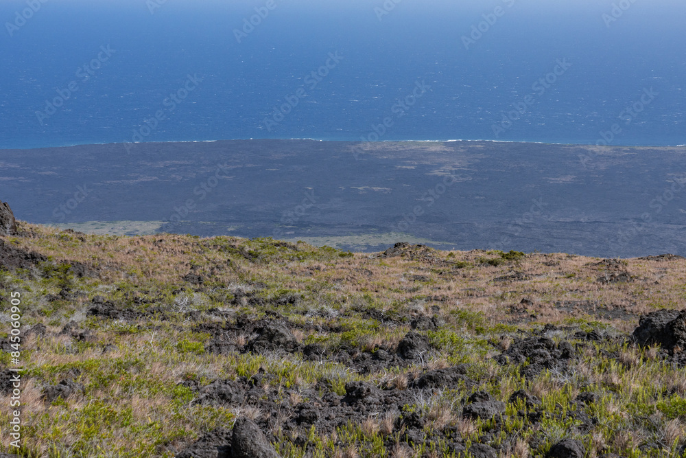 Kealakomo Overlook, Lava flows 400 to 750 years, Hawaii Volcanoes National Park, The Hilina Pali (cliff) on Kīlauea Volcano's south flank is visible evidence of the steep Hilina Fault System. Kealakomo Overlook, Lava flows 400 to 750 years, Hawaii Volcanoes National Park, The Hilina Pali (cliff) on Kīlauea Volcano's south flank is visible evidence of the steep Hilina Fault System.