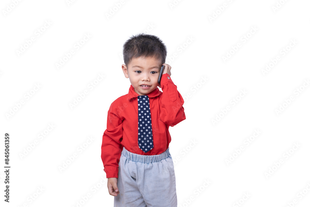 Adorable smiling little boy talking on smartphone isolated on white background. Concept of communication and Mother's Day love family lifestyle. Copy space Adorable smiling little boy talking on smartphone isolated on white background. Concept of communication and Mother's Day love family lifestyle. Copy space
