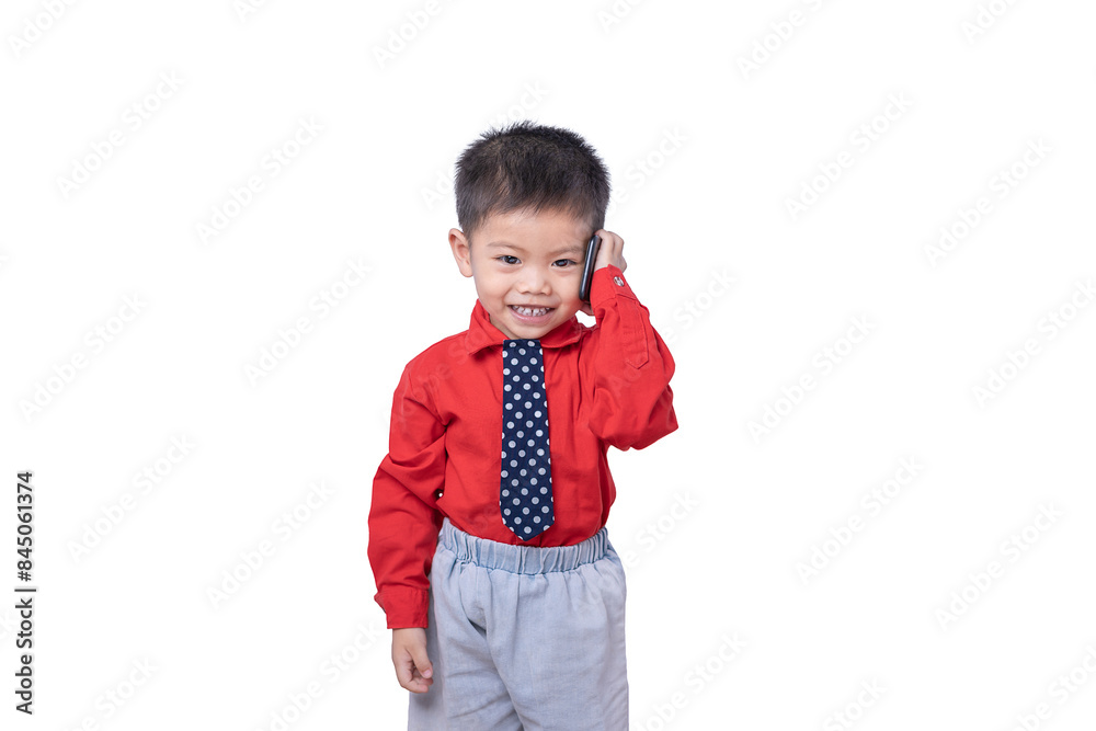 Adorable smiling little boy talking on smartphone isolated on white background. Concept of communication and Mother's Day love family lifestyle. Copy space Adorable smiling little boy talking on smartphone isolated on white background. Concept of communication and Mother's Day love family lifestyle. Copy space