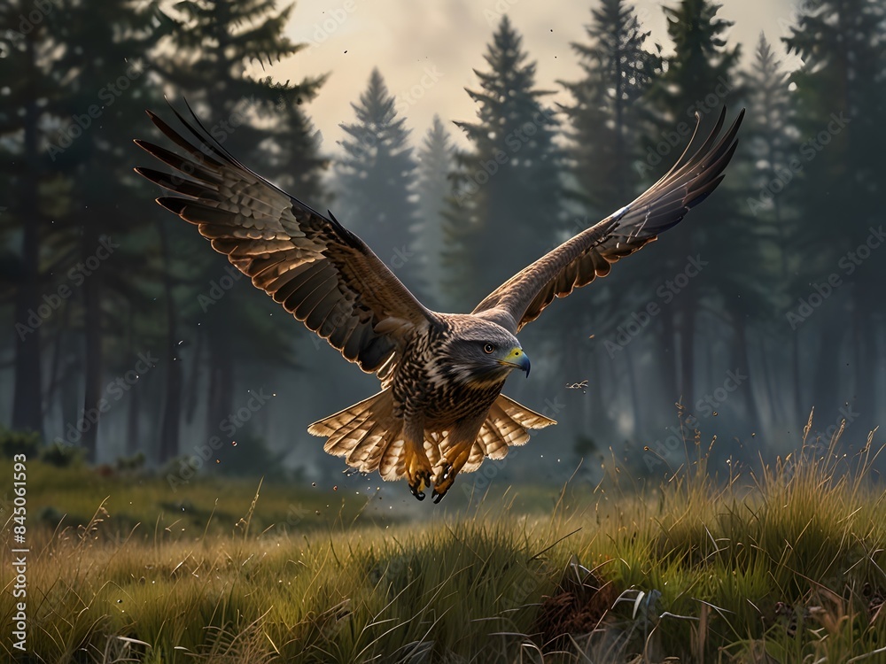 Fototapeta premium A bird of prey that flies high over rugged and mountainous terrain