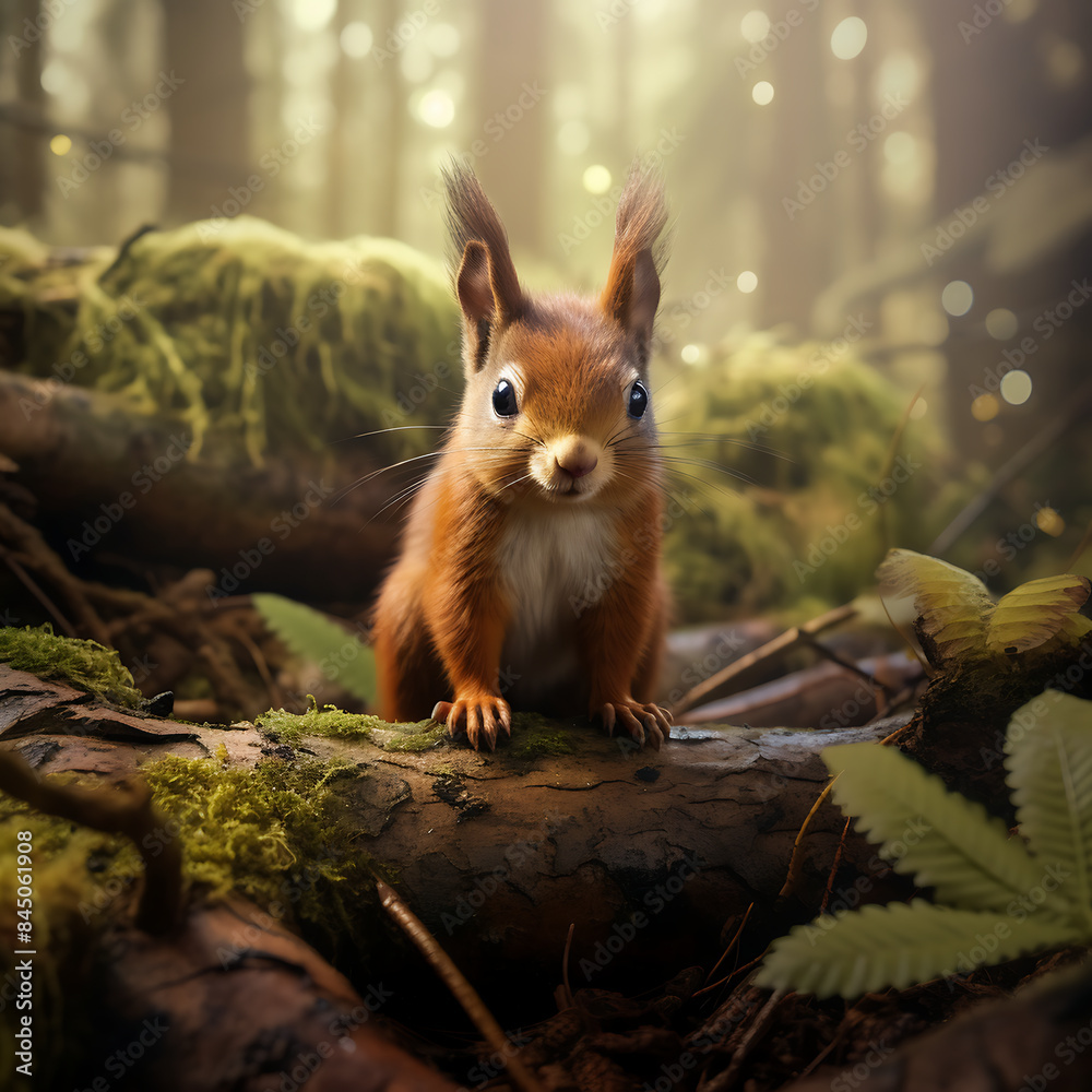 Squirrel with open mouth on a log in the autumn forest.