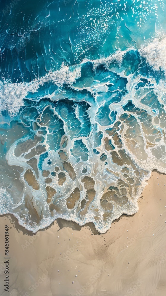 Naklejka premium Aerial View of Serene Waves Cascading onto Sunlit Shoreline