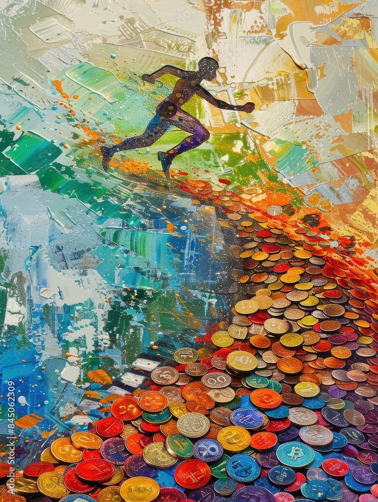 Abstract image of a person running on a colorful path made of cryptocurrency symbols, symbolizing the digital financial journey. Abstract image of a person running on a colorful path made of cryptocurrency symbols, symbolizing the digital financial journey.