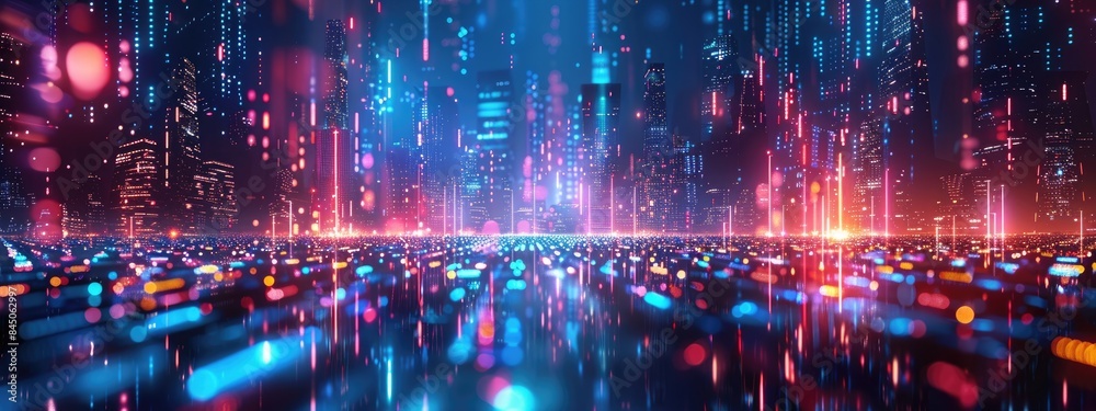 Fototapeta premium Futuristic Neon Cityscape with Glowing Lights and Digital Technology