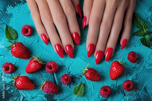 Elegant Red Manicured Nails with Fresh Berries on Blue Background photo