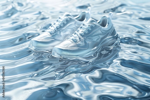 Futuristic Silver Athletic Shoes Floating on Rippling Metallic Surface photo