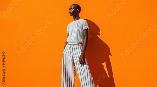 Fashion Model in Striped Pants against Bright Orange Background