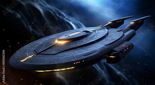 A spaceship is flying through space with a blue and orange design