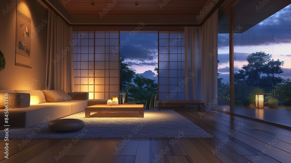 Calming Essence of a Japanese Zen-Style Living Room Under the Soft Glow of Evening Calming Essence of a Japanese Zen-Style Living Room Under the Soft Glow of Evening