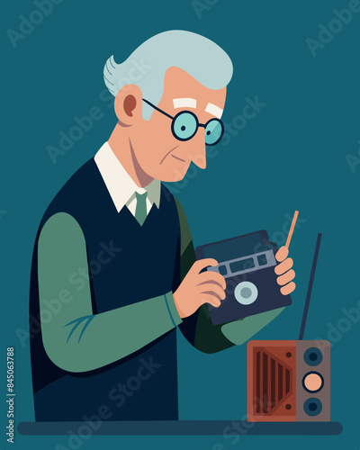 An elderly gentleman carefully tinkers with a decadesold radio refusing to let go of a sentimental piece of his youth.. Vector illustration