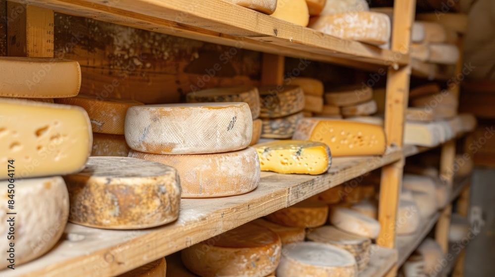 Cheeses aging on wooden shelves in warehouse Kars renowned varieties