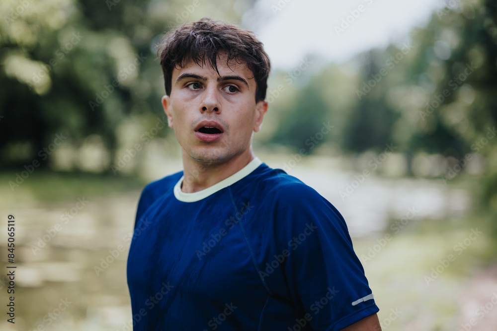 Young man jogging in a park, wearing a blue shirt, looking focused and determined. Nature background. Young man jogging in a park, wearing a blue shirt, looking focused and determined. Nature background.