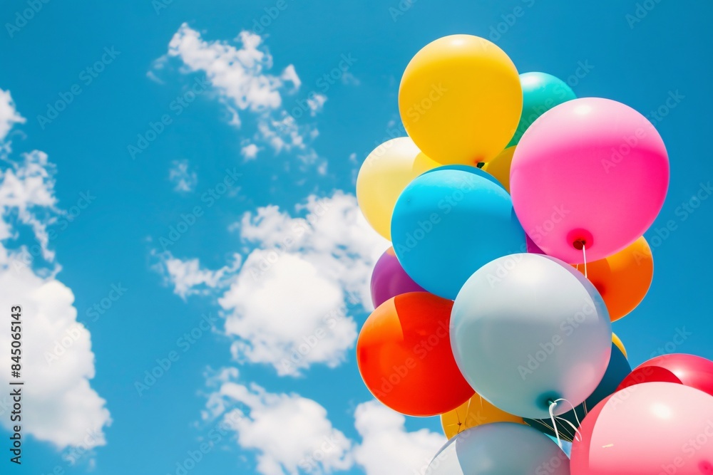 A copyspace concept featuring colorful balloons set against a backdrop of picturesque clouds and a blue sky, offering ample space for text or design elements A copyspace concept featuring colorful balloons set against a backdrop of picturesque clouds and a blue sky, offering ample space for text or design elements