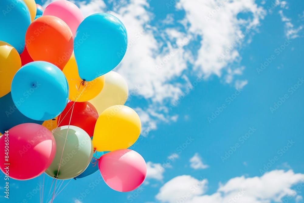 A copyspace concept showcasing colorful balloons against a backdrop of picturesque clouds and a blue sky, providing ample space for text or design elements A copyspace concept showcasing colorful balloons against a backdrop of picturesque clouds and a blue sky, providing ample space for text or design elements