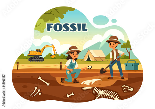 Fossil Vector Illustration of Archaeologists Discovering Dinosaur Skeletons During Excavations, Depicted in a Flat Cartoon Style Background