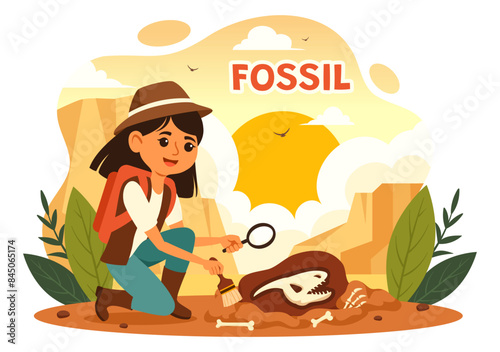 Fossil Vector Illustration of Archaeologists Discovering Dinosaur Skeletons During Excavations, Depicted in a Flat Cartoon Style Background