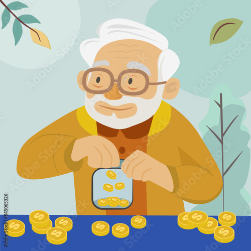 Old man holding a dollar bill  and a bag of money  In the form of collecting money. Concept Saving money for expenses during old age.