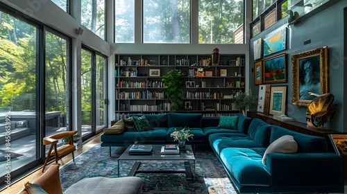 Cozy and Contemporary Home Library with Lush Greenery and Expansive Windows Offering Stunning Nature Views