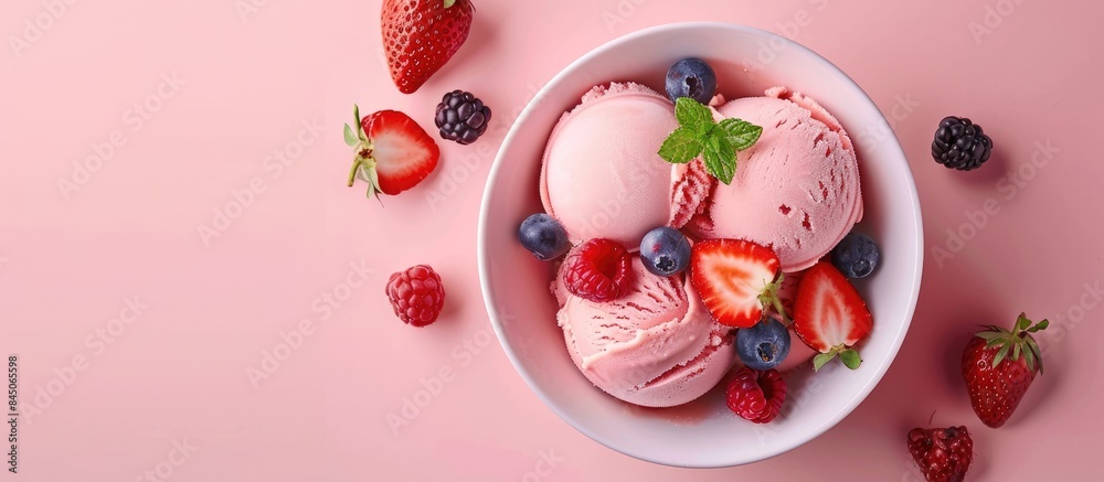 Pink strawberry ice cream and fresh berries in a bowl on a pink background, seen from above. Pink strawberry ice cream and fresh berries in a bowl on a pink background, seen from above.