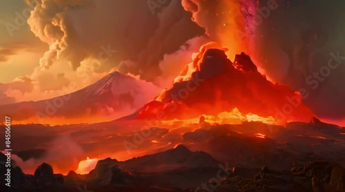 Volcanic Eruption Animation. Lava Flowing, Ash Clouds Rising, and Molten Rocks Spewing into the Sky. Animated Dynamic and Intense Video. photo