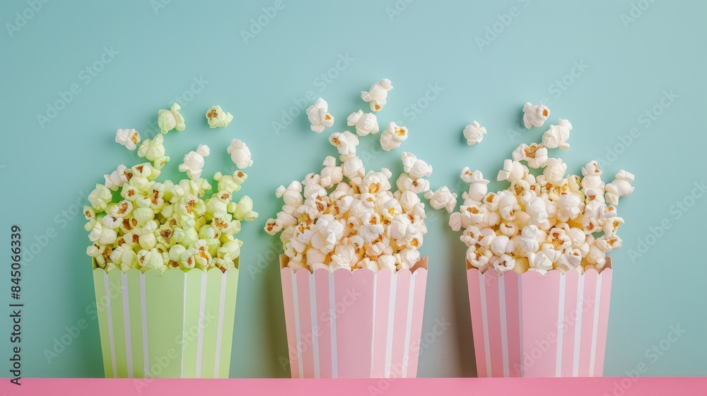 Vibrant pink, green, and blue popcorn in paper cinema box for a colorful movie experience Vibrant pink, green, and blue popcorn in paper cinema box for a colorful movie experience