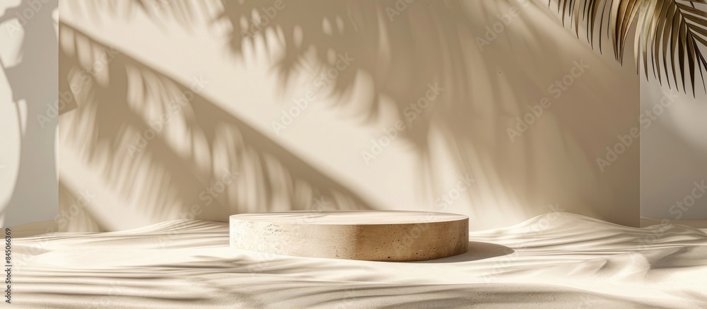 Displaying a podium on a sandy backdrop complemented by a sunshade and shadows, enhancing the aesthetic appeal for showcasing natural cosmetic and fashion products. Displaying a podium on a sandy backdrop complemented by a sunshade and shadows, enhancing the aesthetic appeal for showcasing natural cosmetic and fashion products.