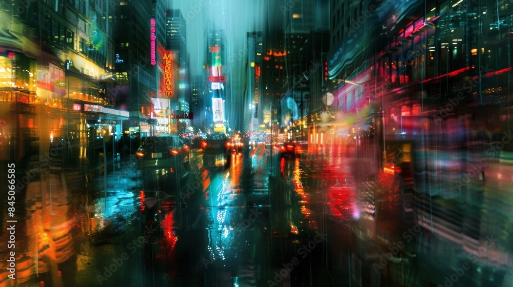 The city skyline becomes a smudged canvas of blurred buildings as blurred neon signs illuminate the dark and rainy atmosphere in a dazzling array of colors. .