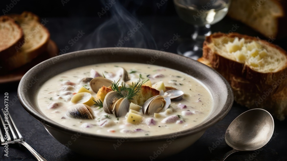 Creamy Mussel Soup with Herb and Crouton Garnish - A Bowl of Elegance Served with Bread and Wine, Capturing a Moment of Culinary Simplicity Creamy Mussel Soup with Herb and Crouton Garnish - A Bowl of Elegance Served with Bread and Wine, Capturing a Moment of Culinary Simplicity
