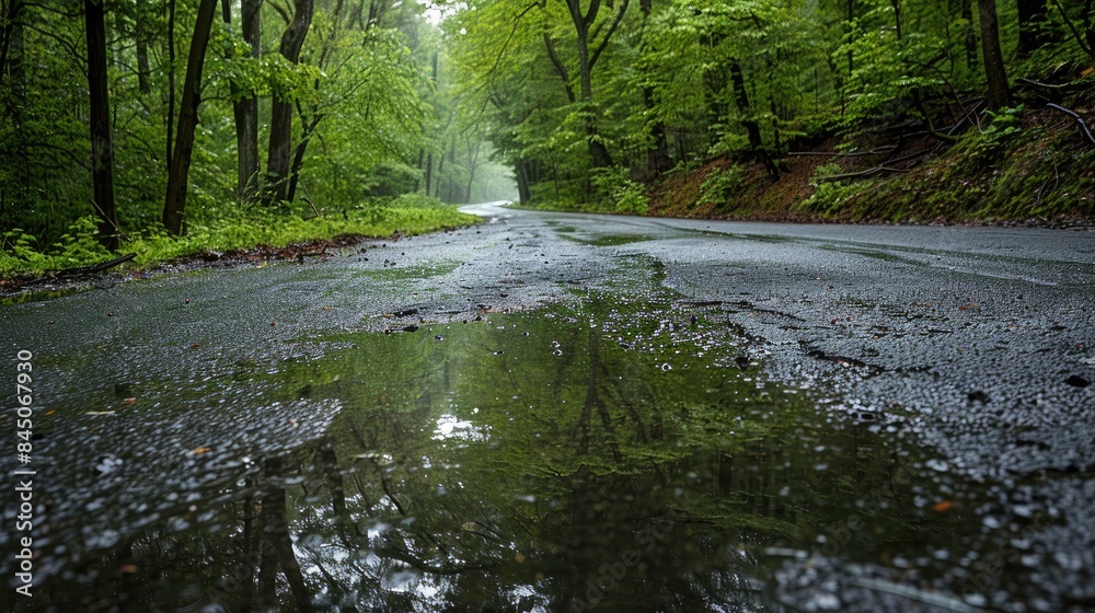 Moist road surface with standing water in a wooded area Moist road surface with standing water in a wooded area