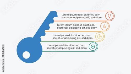 Modern infographic template with key symbol. Creative business presentation. 4 options corporate workflow.