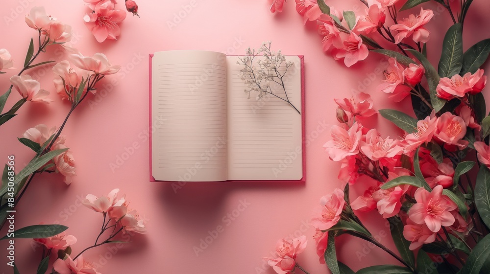 Obraz premium Open Notebook with Flowers on Pink