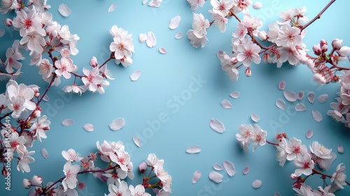 Cherry and almond trees blooming in spring on blue background with space for text