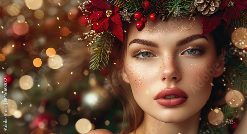 Beautiful woman with a Christmas wreath on her head and decorations, posing against a festive background.