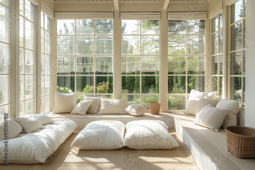 Airy sunroom with minimalist design featuring unadorned windows, pastel accents, and clear midday brightness. Sheer fabrics add depth, emphasizing simplicity and tranquility in the sunroom space. © Sparkls