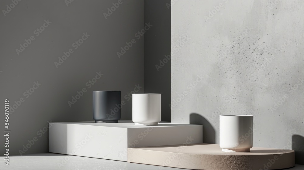 Minimal style product stands on gray background for display Minimal style product stands on gray background for display