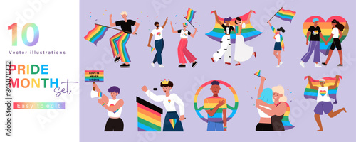 Vibrant Pride Month Celebrate Vector Set. Diverse Characters with Rainbow Flags, Heart Symbols, and Inclusive Messages. Perfect for LGBTQ Awareness and Support Campaigns