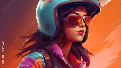 Biker girl with helmet and sunglasses. 3d rendering illustration.