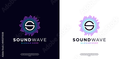 Letter S with circular sound wave logo template. Music wave icons vector, equalizers, radials in spectrum design concept.