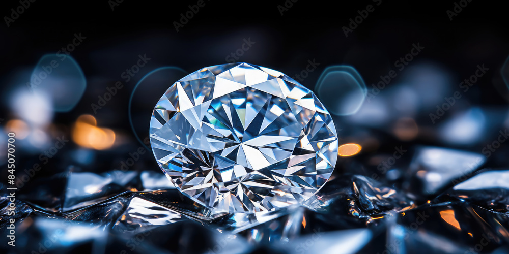 A close up of a single diamond reflects light and displays its facets A close up of a single diamond reflects light and displays its facets