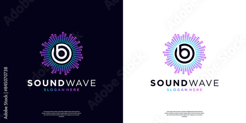 Letter B with circular sound wave logo template. Music wave icons vector, equalizers, radials in spectrum design concept.