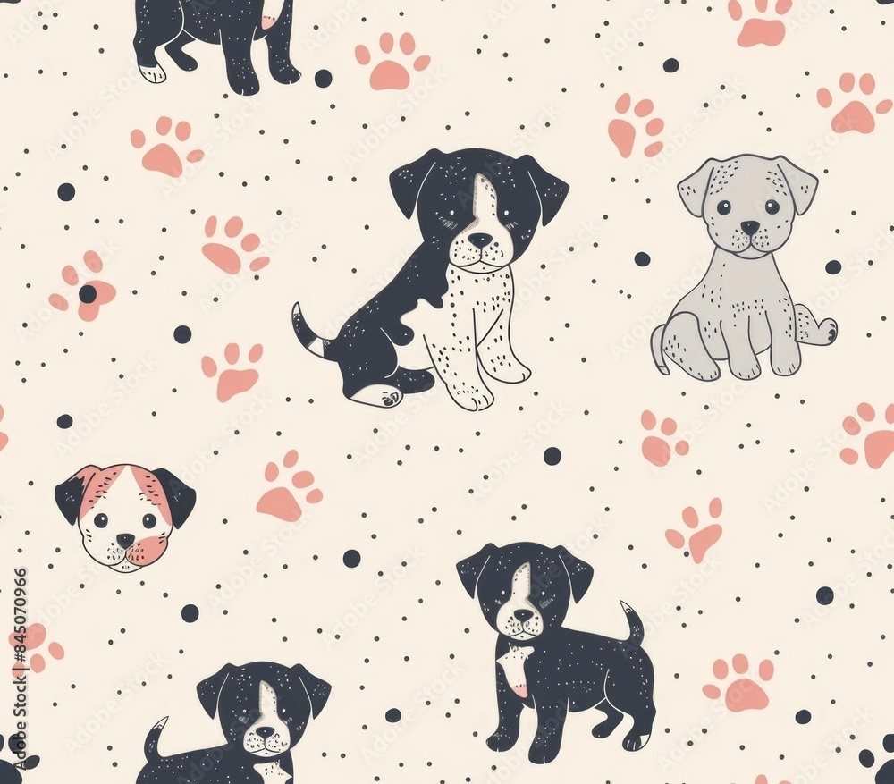 Adorable puppies with paw prints in a seamless repeating pastel pattern design Minimalist and playful perfect for use as a background wallpaper or surface pattern Adorable puppies with paw prints in a seamless repeating pastel pattern design Minimalist and playful perfect for use as a background wallpaper or surface pattern