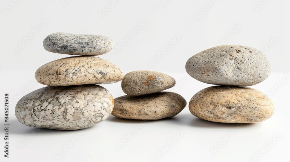 Stones demonstrating Zen balance on a white surface Stones demonstrating Zen balance on a white surface