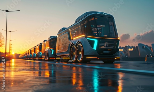 futuristic robotaxi or van trucks fleet on highway with full self driving system activated for transportation autonomy concepts as wide banner with copy space, Generative AI  photo