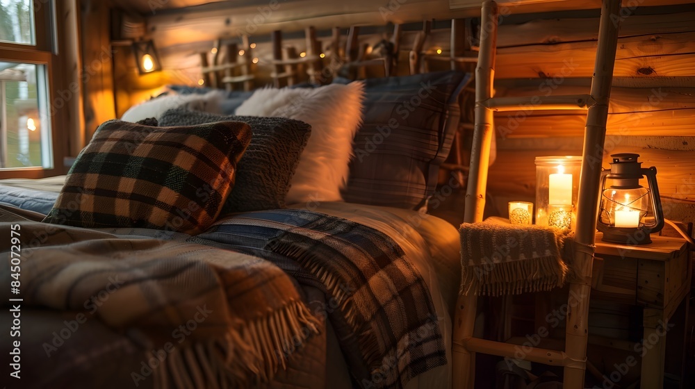 Cozy and Inviting Rustic Cabin Bedroom with Warm Lighting,Plush Bedding,and Serene Ambiance for a Peaceful Woodland Retreat